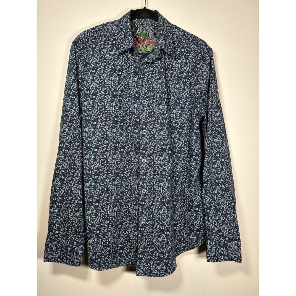 ROBERT GRAHAM Vargas Knit Shirt Navy Blue Floral Cotton Blend Casual Size Medium